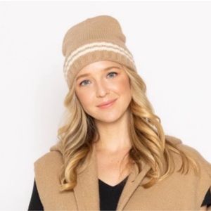 Trendy Camel Colored Knit Striped Beanie Hat